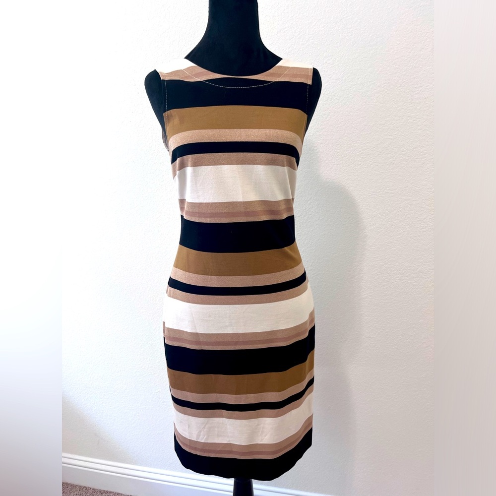 Banana Republic 4 Gold Shimmer Tan Black White Cocktail Party Sheath Dress